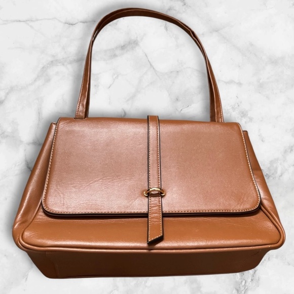 FREE ✅Elegant Tan Satchel with Smooth Vegan Leather and Flap Closure - Picture 1 of 15